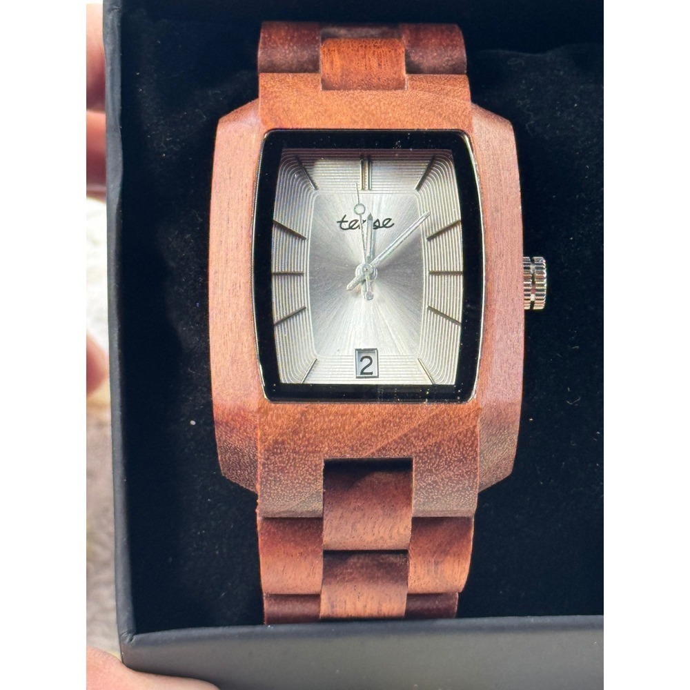 Tense Wood Watch Rectangular Face Silver Dial Date‎ Window Japan Movt